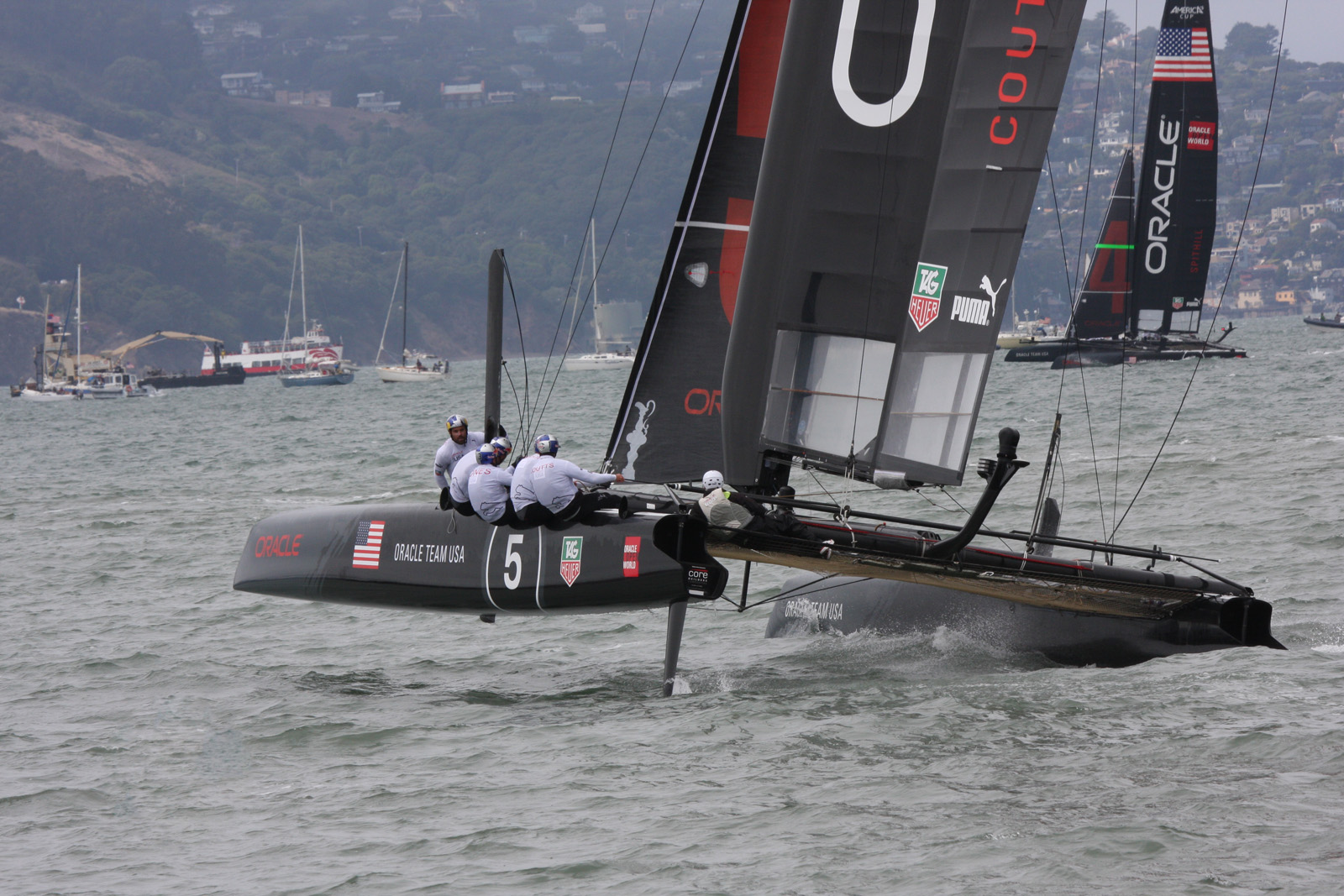 Skipper Russell Coutts positions Oracle 5 on one hull to reduce drag & increase speed
