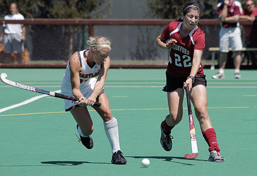 Maryland Player about to attack Ball in Field Hockey Game against Stanford