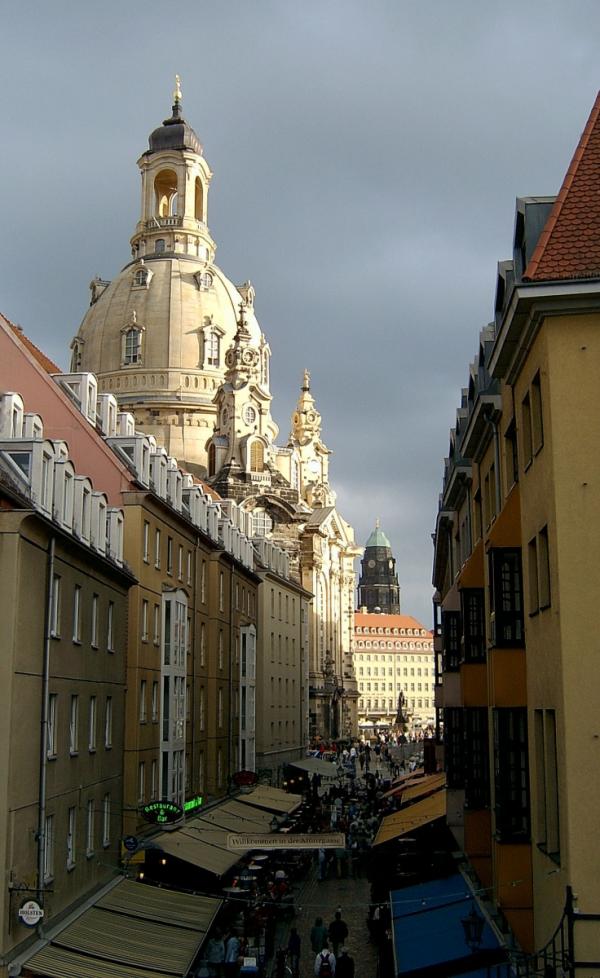 A rebuilt street in Dresden's Old Town leads to the reconstructed Frauenkirche on the eve of the 800th anniversary of the city's founding in 1206 AD.