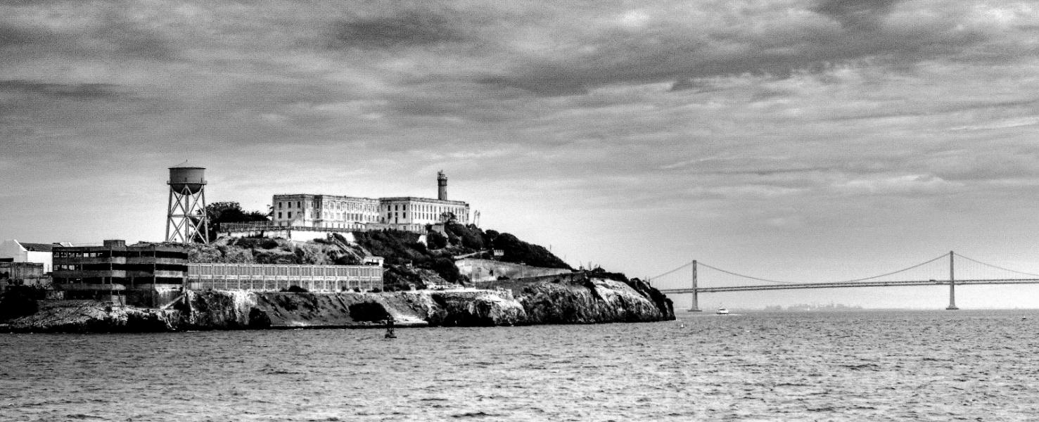Alcatraz and Bay Bridge - seen from boat on San Francisco Bay