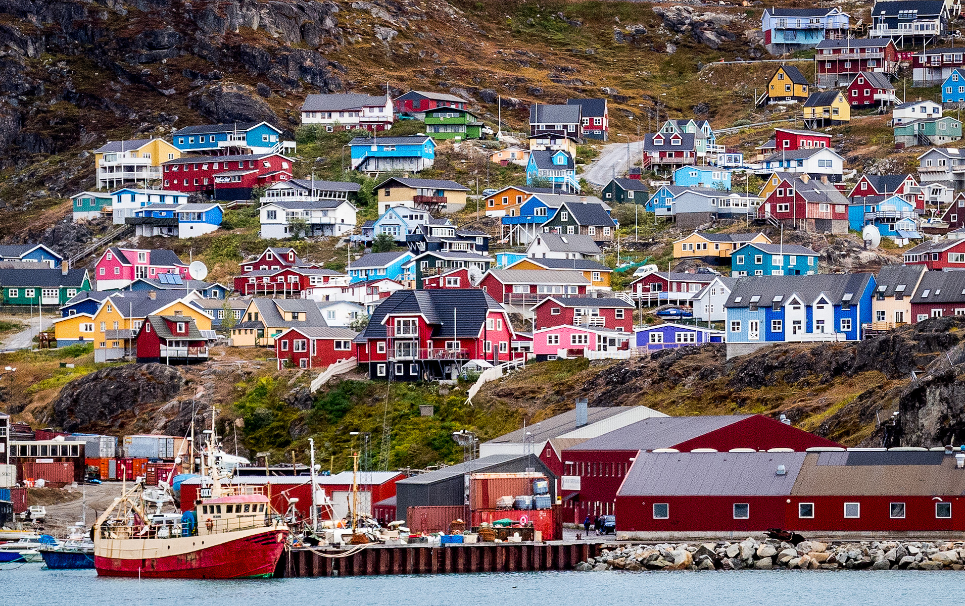 Brightly painted houses in Greenland's fourth largest town, Qaqortoq, population 3200