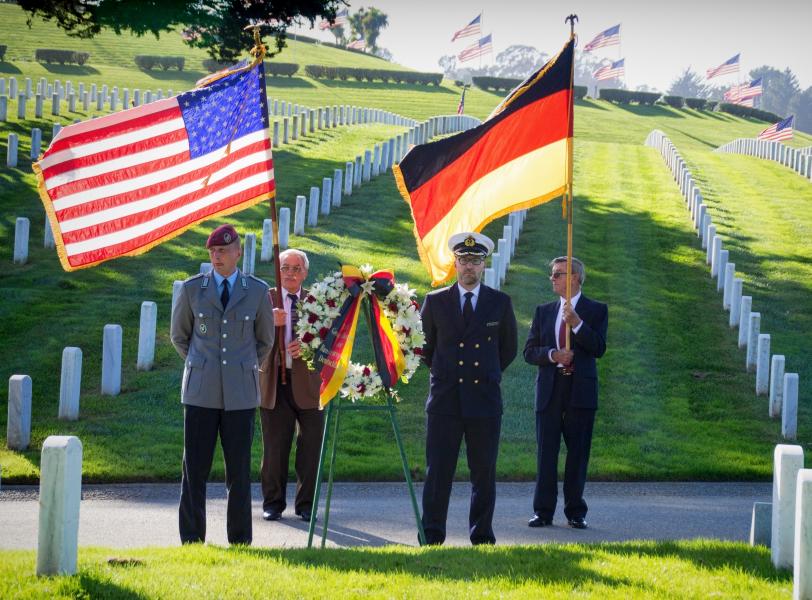Golden Gate National Cemetery has graves of 44  WWII German POW's.  Here a German and US color guard observe the German national day of mourning which is the Sunday nearest Nov 16th, not Nov 11th.