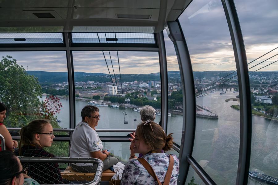 Cable car connects the hilltop Ehrenbreitstein Fortress, to Koblenz, Germany situated at the junction of the Moslle and Rhine Rivers