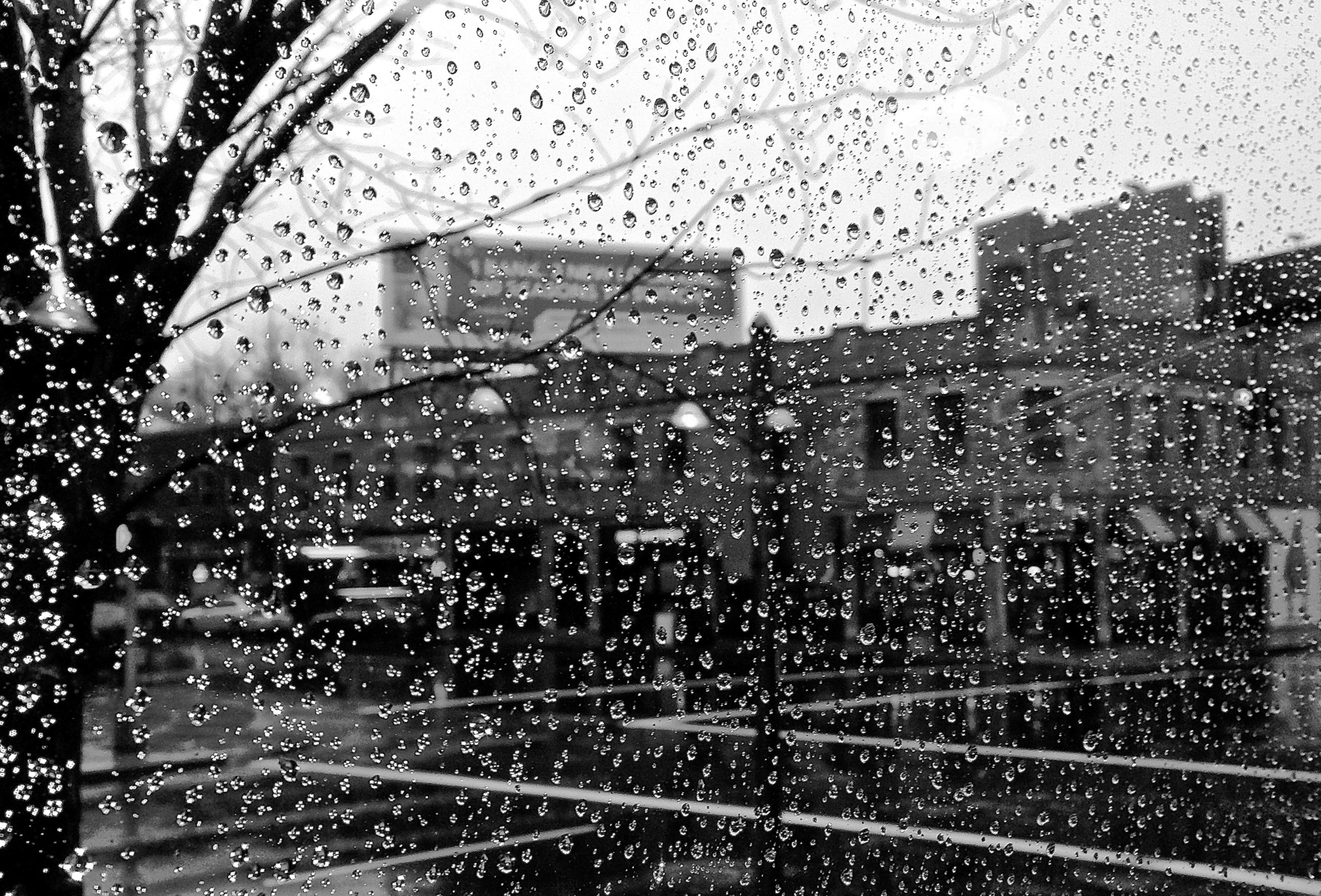 Watching rain on a winter day from inside a cafe