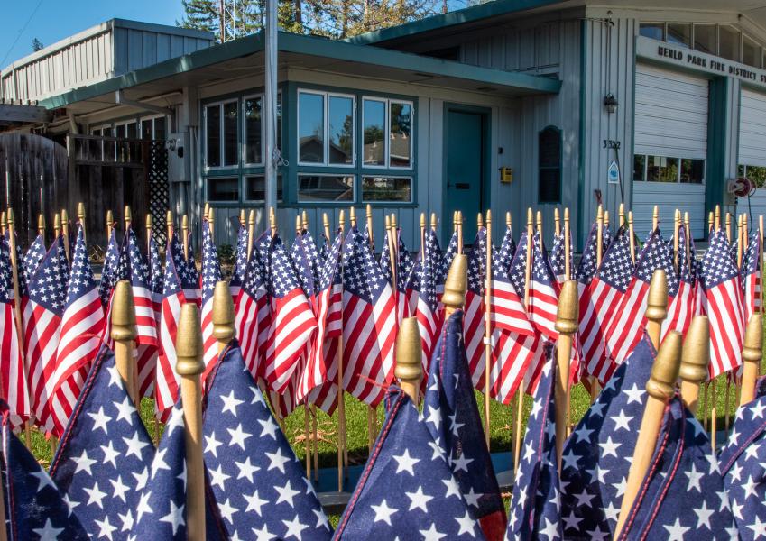 On 9-11 this year, this Menlo Park fire station displayed 343 flags in memory of the 343 firefighters who died at the World Trade Center in New York on 9-11-2001.