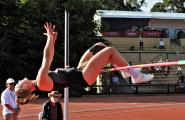 At the Stanford 2019 Cardinal Classic, high-jumper Rachel Biggs barely clears the bar by an inch and a quarter.